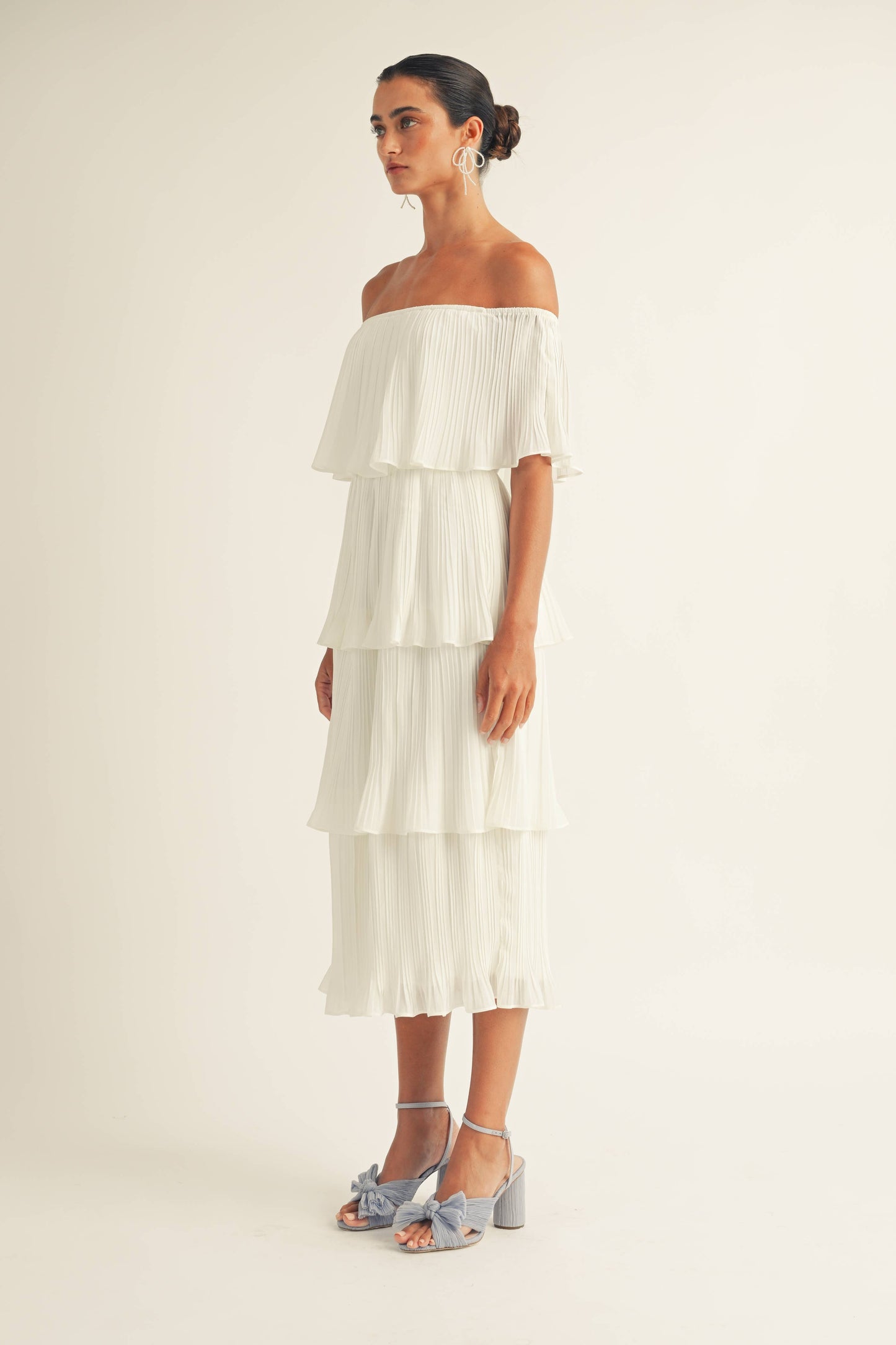 Miranda Pleated Tiered Off-Shoulder Midi Dress in Fresh Ivory