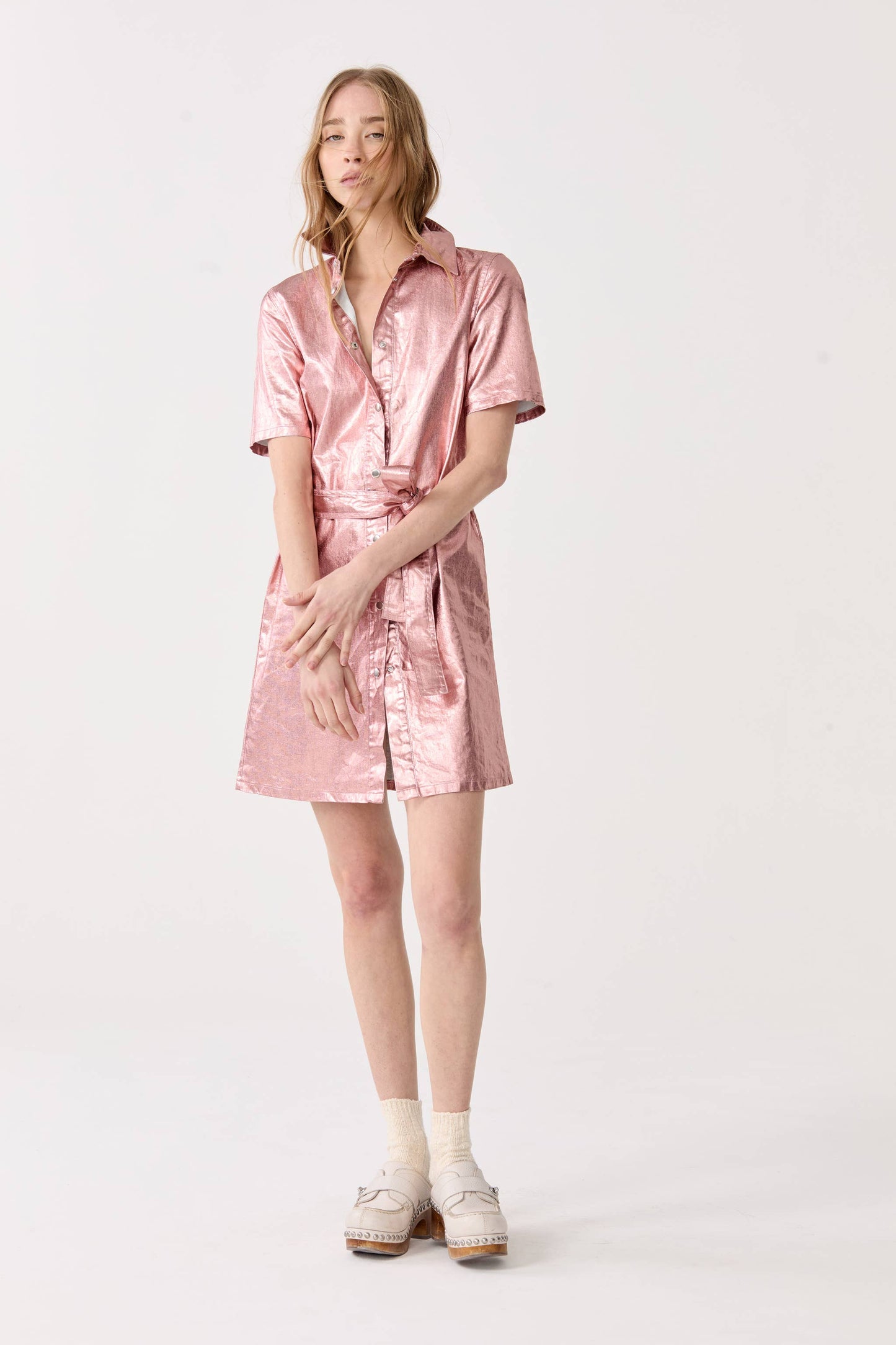 Franca Metallic Shirt Dress -Peach Fuzz Linen