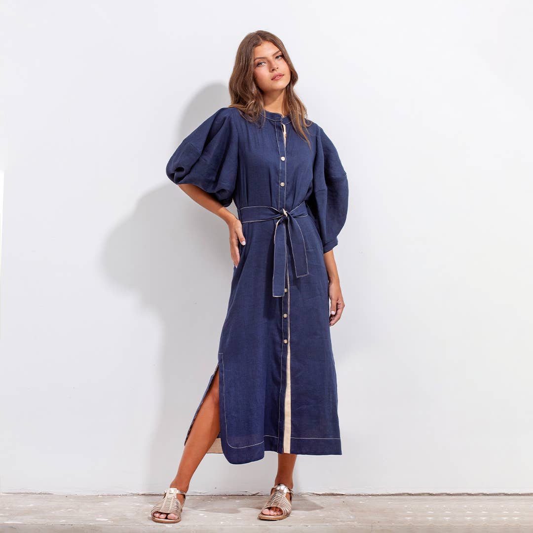 GERALD DRESS BLUE AND BEIGE LINEN