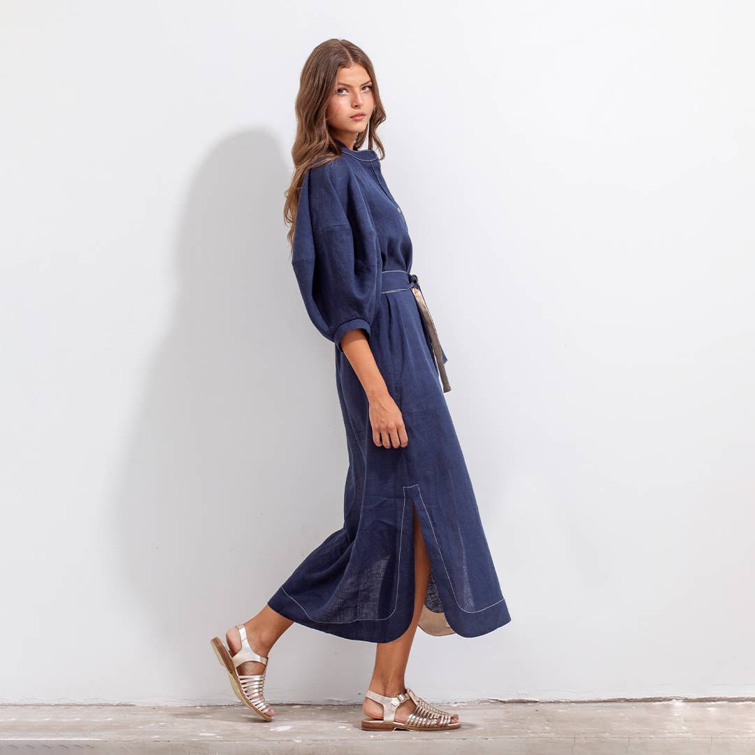GERALD DRESS BLUE AND BEIGE LINEN