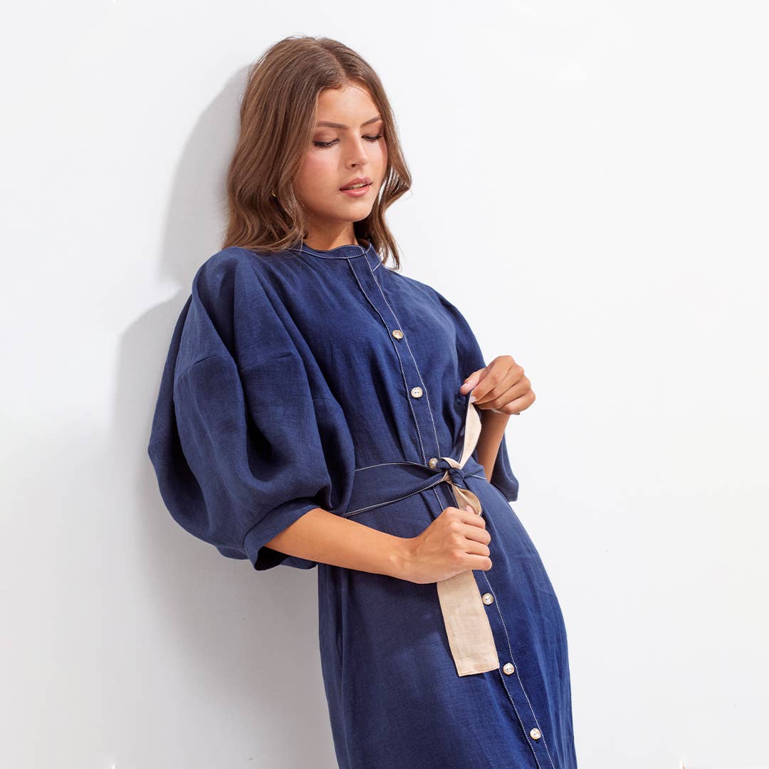 GERALD DRESS BLUE AND BEIGE LINEN