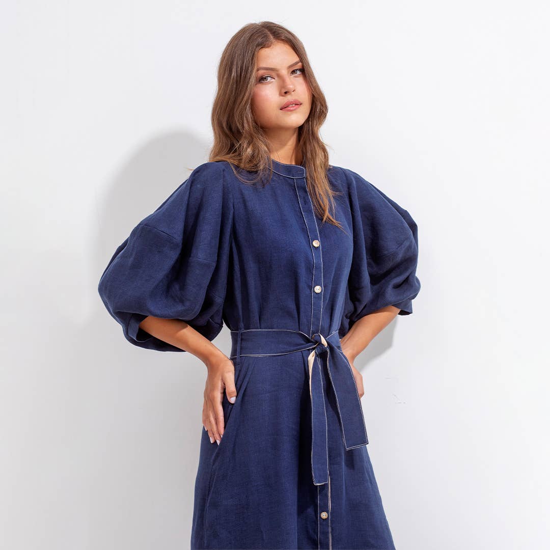 GERALD DRESS BLUE AND BEIGE LINEN