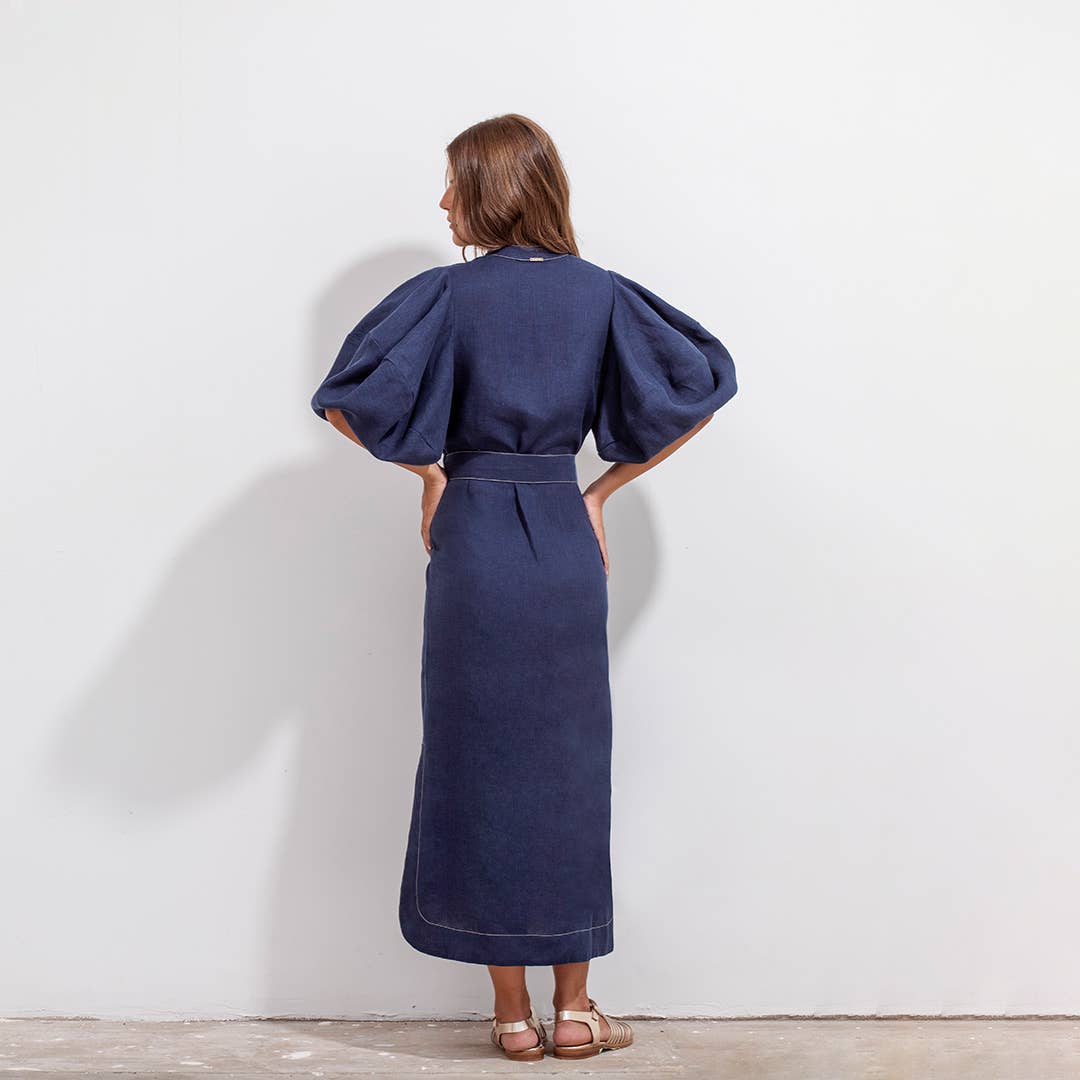 GERALD DRESS BLUE AND BEIGE LINEN