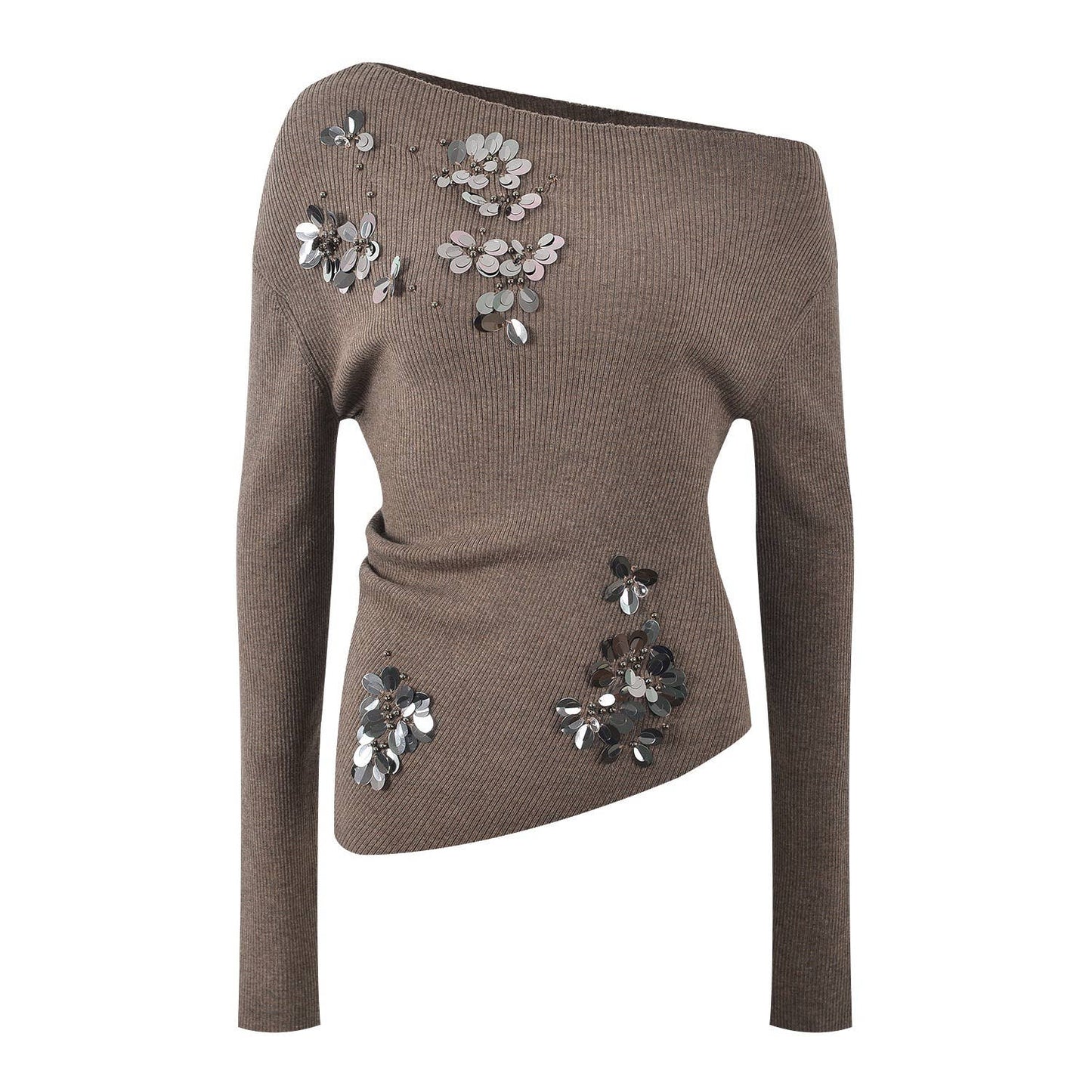 Elegant Grey Off-Shoulder Knit Top with Floral Beads