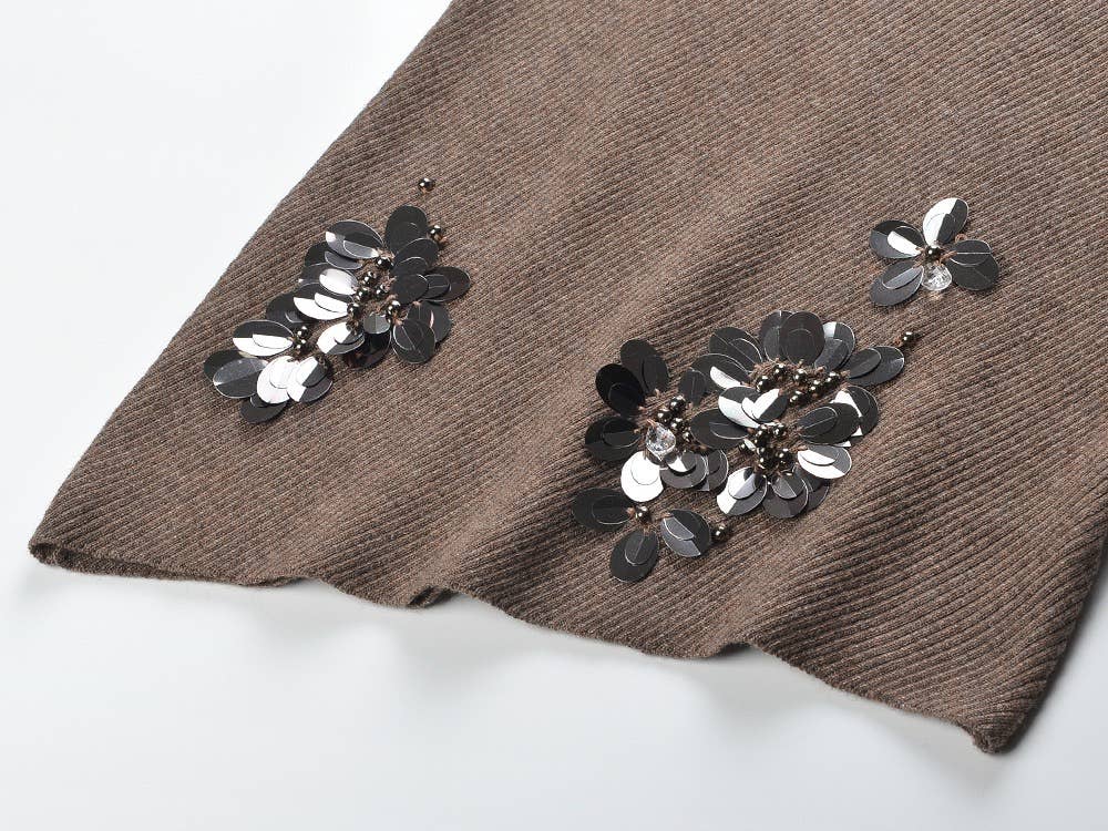 Elegant Grey Off-Shoulder Knit Top with Floral Beads