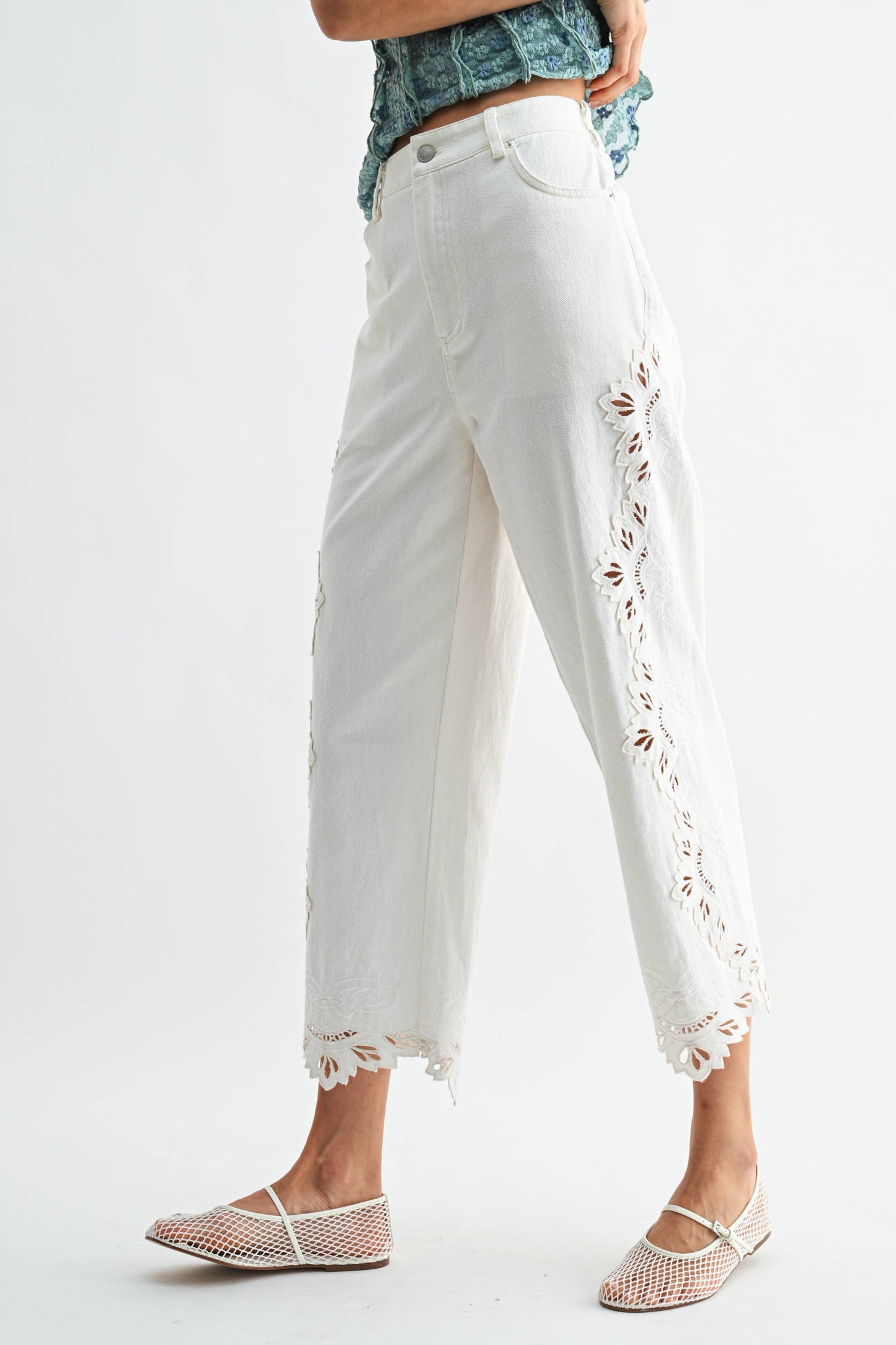 Cropped Pants Intricate Eyelet Embroidery
