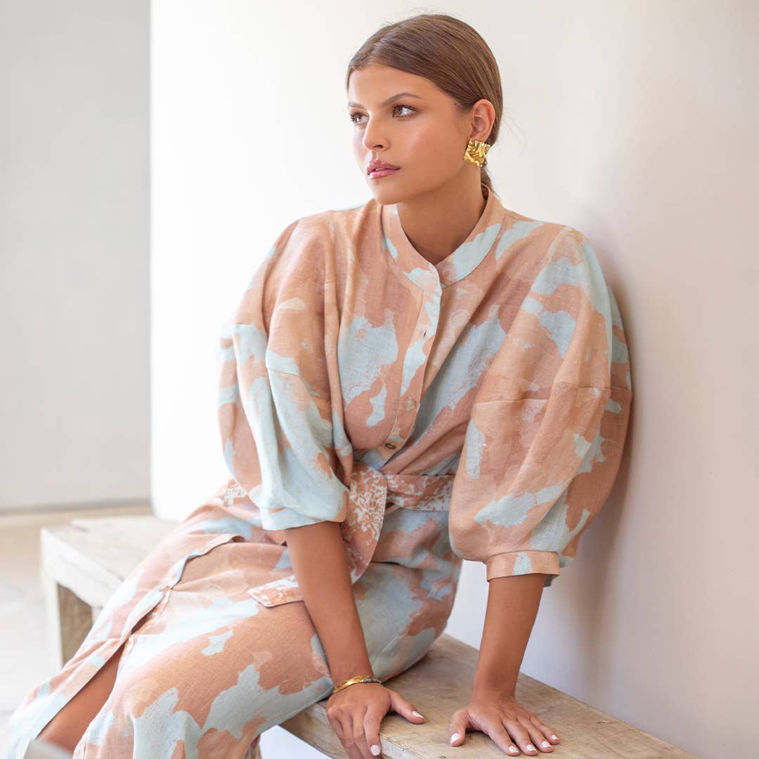 GERALD DRESS AQUA ACUARELA LINEN 