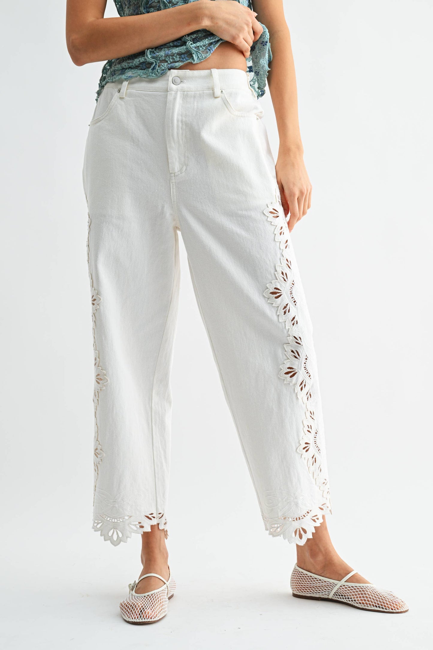 Cropped Pants Intricate Eyelet Embroidery