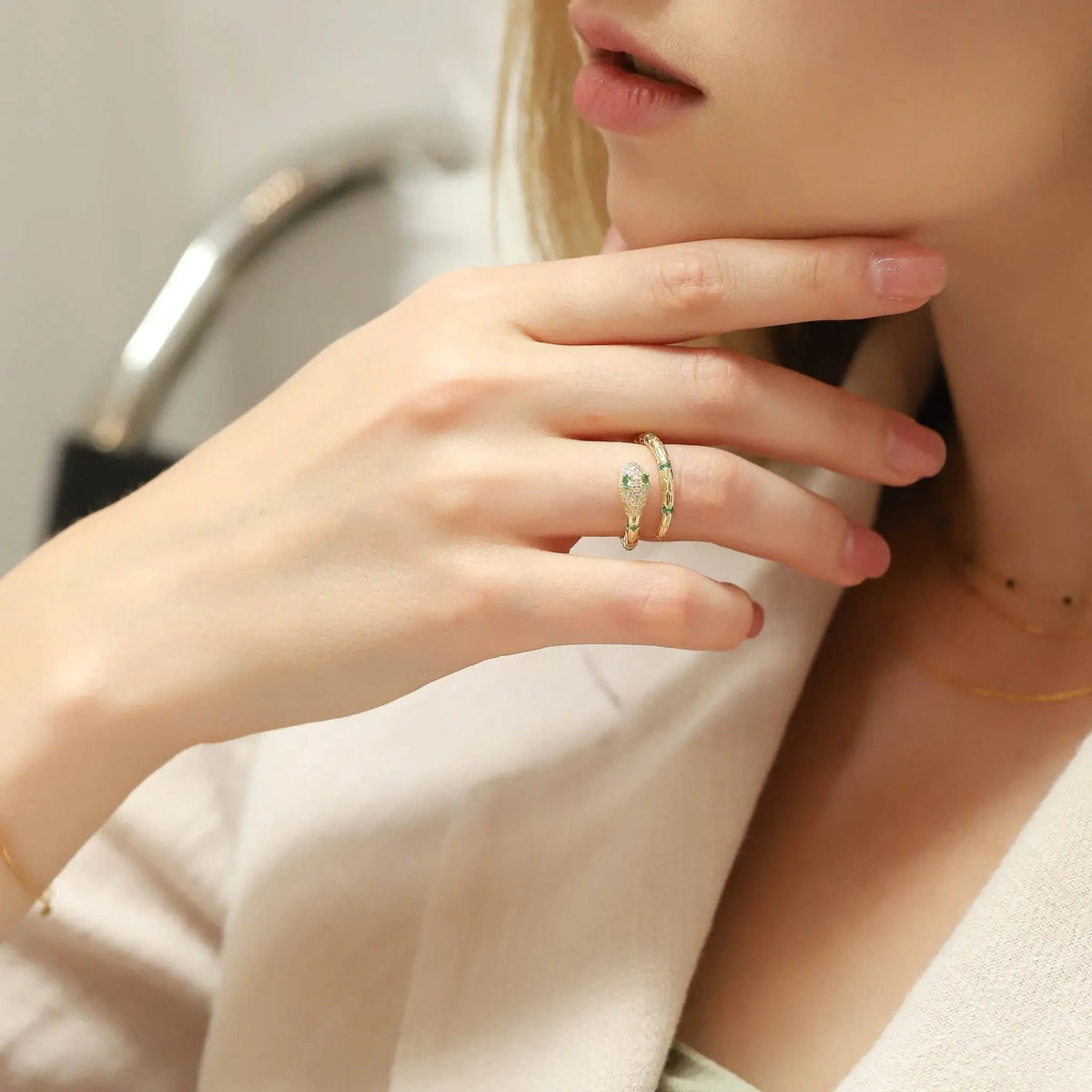Snake Ring With CZ and Green Accents