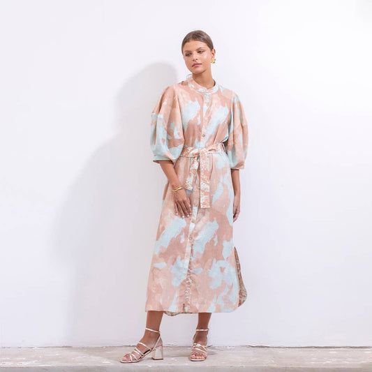 GERALD DRESS AQUA ACUARELA LINEN 