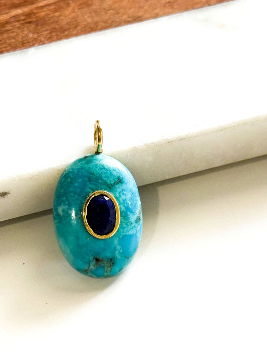  Handcarved Turquoise/Bezel Lapis Inlay Pendant Charm