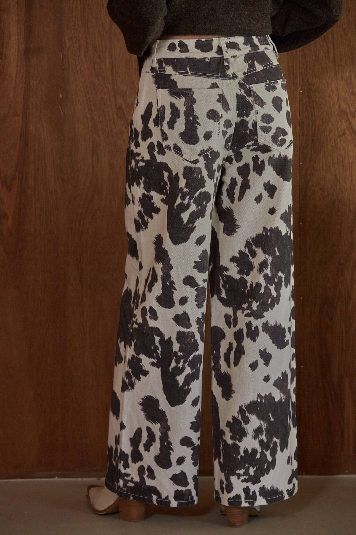 Animal Print Wide Leg Denim Pants | Cream & Chocolate