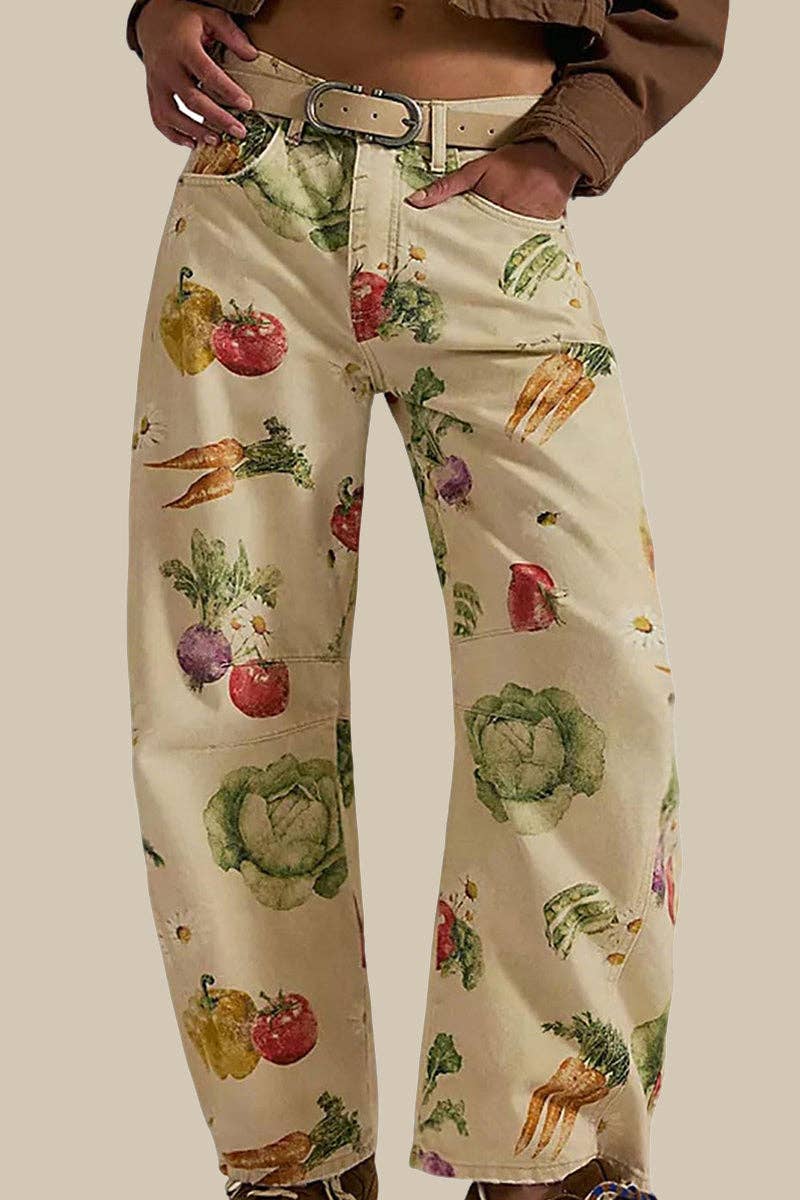 Fruit and Veggie Print Straight Jeans