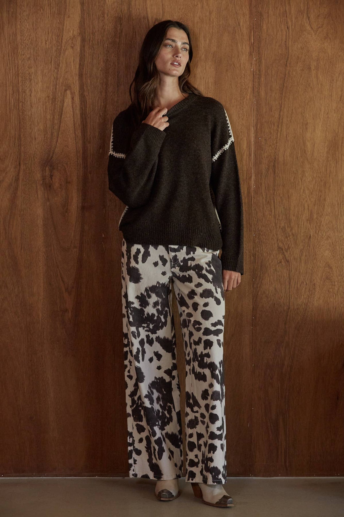 Animal Print Wide Leg Denim Pants | Cream & Chocolate