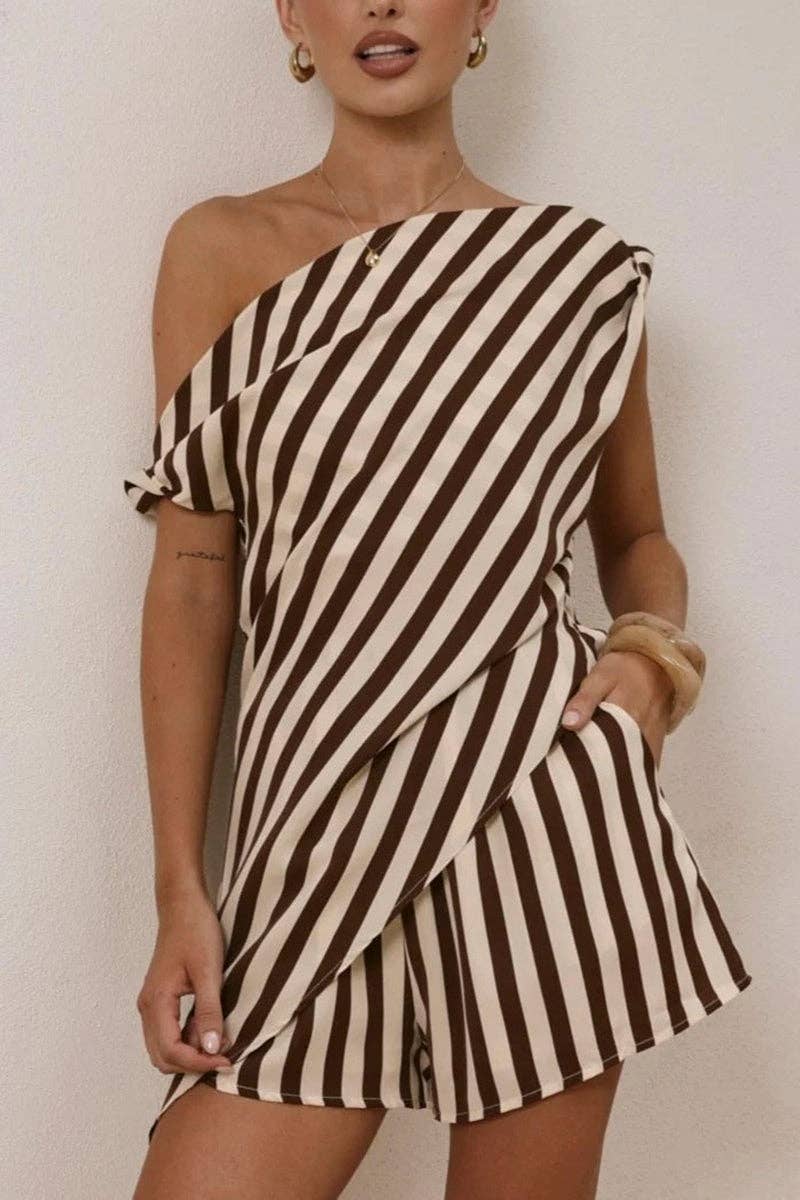 Striped Asymmetric One-Shoulder Shorts Set