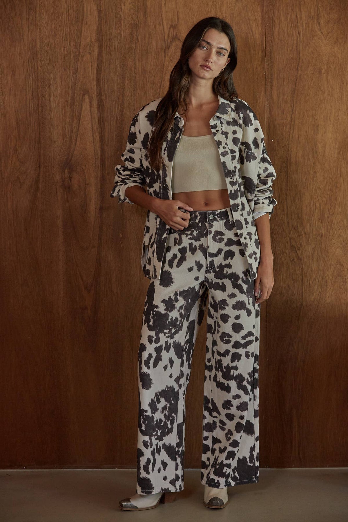 Animal Print Wide Leg Denim Pants | Cream & Chocolate