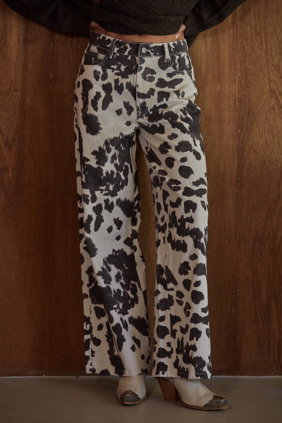 Animal Print Wide Leg Denim Pants | Cream & Chocolate