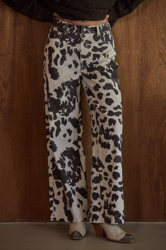 Animal Print Wide Leg Denim Pants | Cream & Chocolate